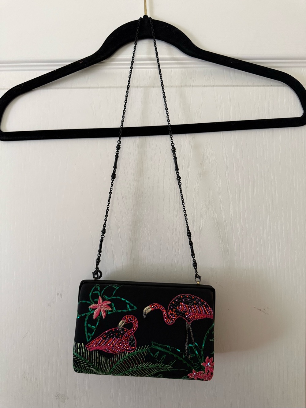 Embroidered Flamingo Beaded Crossbody Bag - Black